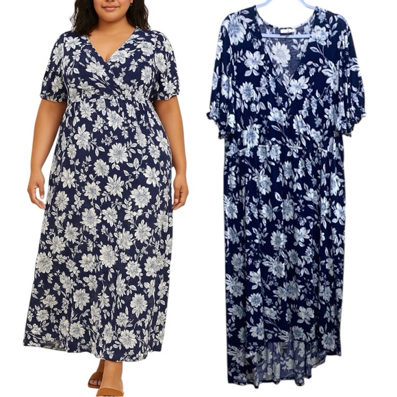 Studio B Bobeau Navy Blue White Floral Faux Wrap Maxi Dress Size 3X - Picture 1 of 13